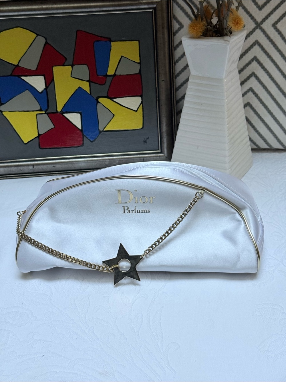 Dior White Satin Cosmetic Pouch with Gold Trim and Star Charm